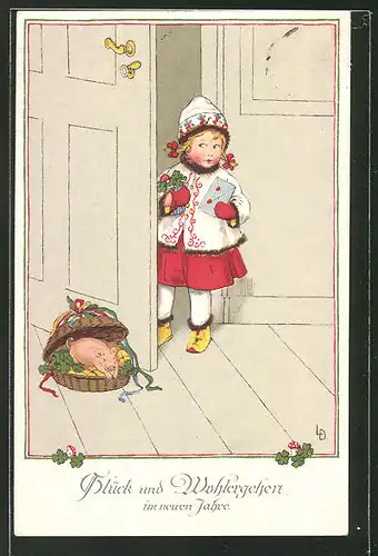 Künstler-AK Lia Döring: Mädchen mit Kleeblättern, einem Fliegenpilz und einem Brief steht in der Tür