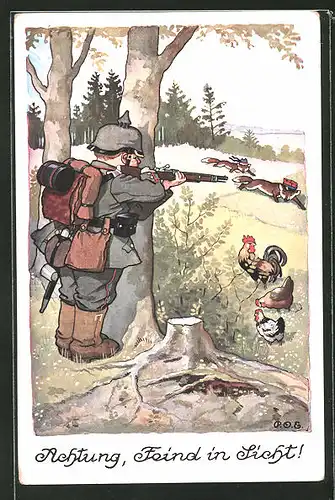 Künstler-AK P. O. Engelhard (P.O.E.): Achtung, Feind in Sicht!, Soldat mich Pickelhaube zielt auf Füchse mit Mützen