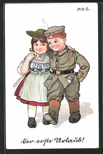 Künstler-AK P. O. Engelhard (P.O.E.): der erste Urlaub!, Kind als Soldat kehrt zu seiner Frau zurück