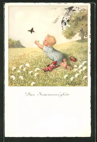 Künstler-AK Pauli Ebner: Das Sommervöglein, Baby versucht einen Schmetterling zu fangen