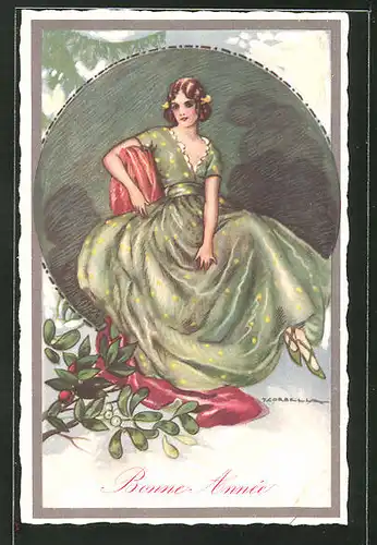 Künstler-AK Tito Corbella: Bonne Année, Frau in einem grünen Kleid mit Mistelzweigen
