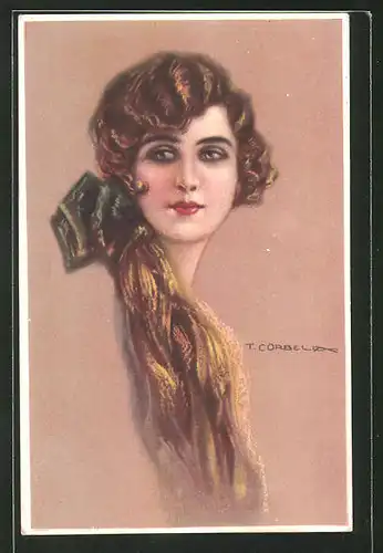 Künstler-AK Tito Corbella: Portrait einer Frau mit grüner Schleife im Haar