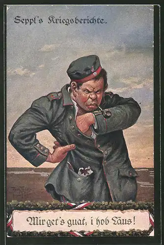 Künstler-AK Arthur Thiele: Seppl's Kriegsberichte, Mir get's guat, i hob Läus!, Mann mit Tabakpfeife kratzt sich