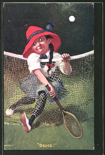AK "Deuce!", stolperndes Mädchen beim Tennis spielen