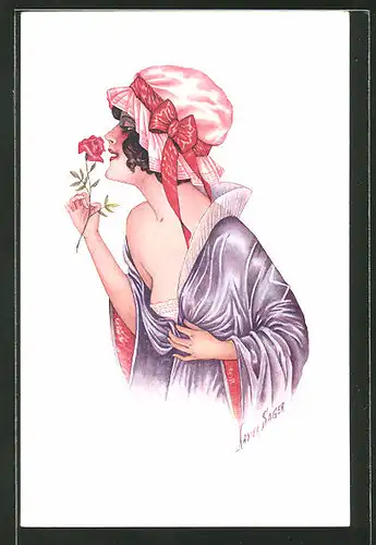 Künstler-AK Xavier Sager: Frau im Morgenmantel riecht an einer Rose