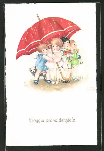 Künstler-AK Hannes Petersen: Pioggia provvidenziale, Kinder unter einem Regenschirm