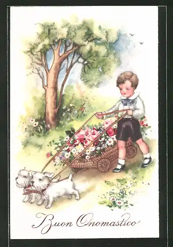 Künstler-AK Hannes Petersen: Buon Onomastico, Junge & Hunde transportieren einen Karren Blumen