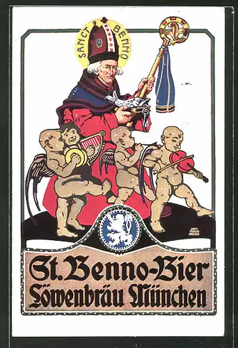 Künstler-AK Otto Obermeier: München, St. Benno-Bier im Löwenbräu, Sanct Benno mit Engeln
