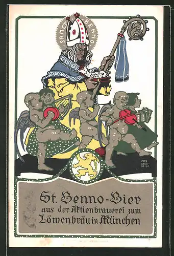 Künstler-AK Otto Obermeier: München, St. Benno-Bier aus der Aktienbrauerei Löwenbräu, Sanct Benno mit Engeln
