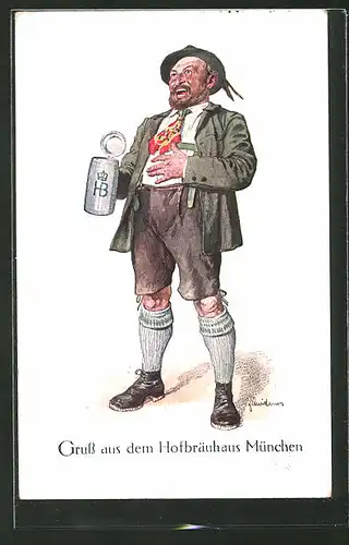 Künstler-AK Fritz Quidenus: lachender Mann in Lederhose mit Bier aus dem Hofbräuhaus München