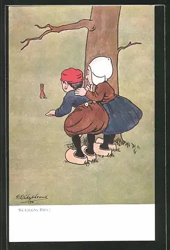 Künstler-AK George Edward Shepheard: Junge und Mädchen mit Holzschuhen beobachten einen Hasen