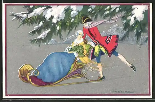 Künstler-AK Tito Corbella: Kavalier auf Schlittschuhen schiebt seine Liebsten im Schlitten übers Eis, Art Deco
