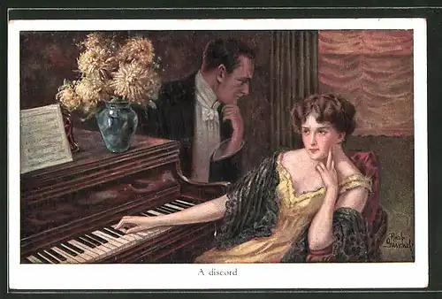 Künstler-AK Ruab Gnischaf: A discord, missgelauntes Paar sitzt am Klavier