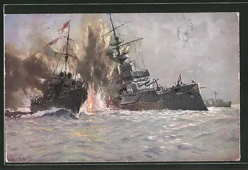 Künstler-AK Hans Bohrdt: Vernichtung des englischen Kriegsschiffs "Triumph"