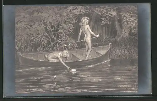 Künstler-AK Fidus: "Wasserrosen", Nackte Kinder im Ruderboot
