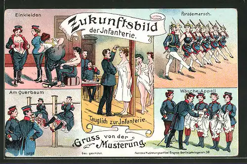 Künstler-AK Zukunfts-Bild der Infanterie, Frauen bei der Musterung und beim Wäsche-Appell