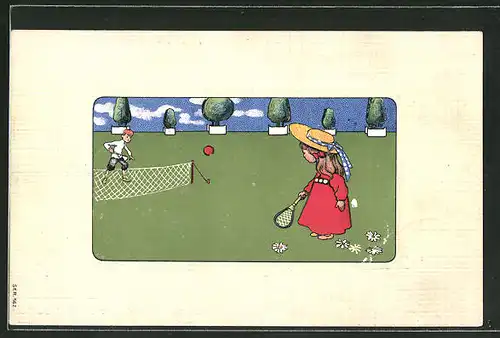 Präge-AK Mädchen und Knabe beim Tennis