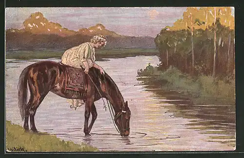 Künstler-AK Alfred Mailick: Reiterin tränkt ihr Pferd am See