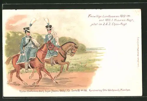 Lithographie Freiwillige Landhusaren 1813-14, seit 1815 1. Husaren-Regiment, später 2. & 3. Chev.-Regiment, Uniform