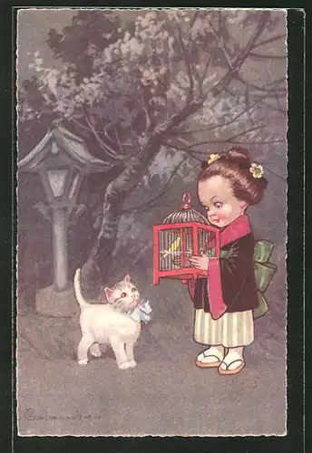 Künstler-AK E. Colombo: kleine Geisha mit Vogelkäfig und Katze