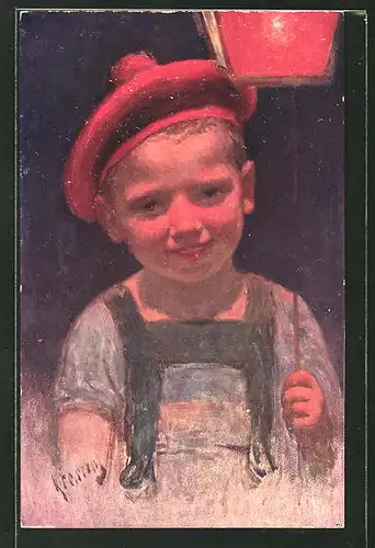 Künstler-AK Karl Feiertag: kleiner Junge mit roter Mütze und Laterne