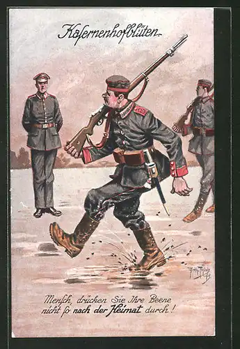 Künstler-AK Arthur Thiele: Soldat marschiert auf dem Kasernenhof, "Kasernenhofblüten"