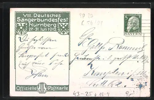 AK Nürnberg, VII. Deutsches Sängerbundesfest 1912, Ganzsache Bayern, die Sängerhalle