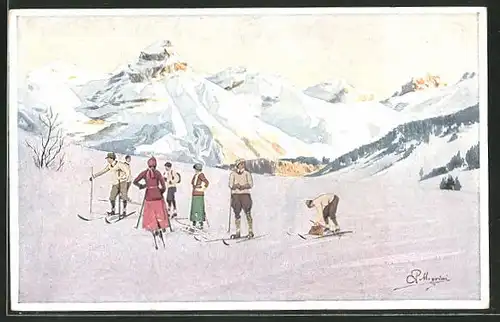 Künstler-AK Carlo Pellegrini: Skiläufer in den Bergen