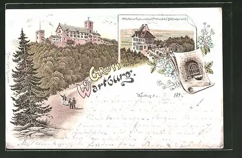 Lithographie Wartburg, Elisabeth-Brunnen, Restauration und Totale