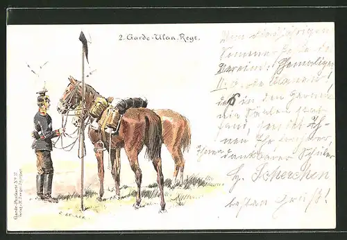 Künstler-AK Carl Becker: 2. Garde-Ulan-Regt., Soldat mit Pferden