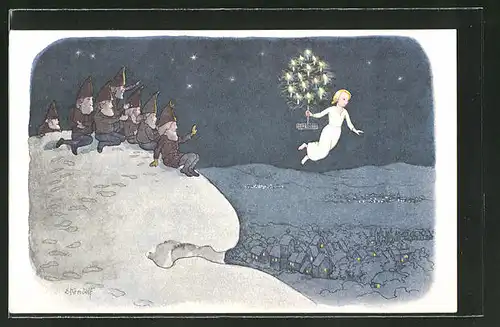 Künstler-AK Ernst Kreidolf: "Weihnacht", Zwerge beobachten das Christkind in der Nacht