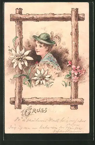 Holzbrand-Imitations-AK Junge mit Hut und Blumen in einem Holzrahmen