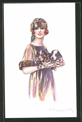 Künstler-AK Sergio Bompard: Frau mit Kopfbedeckung hat zwei Hunde im Arm