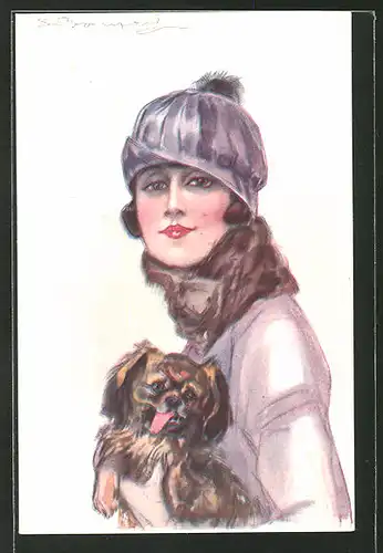 Künstler-AK Sergio Bompard: Frau in Winterkleidung mit einem Hund auf dem Arm