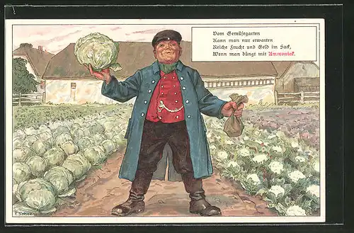 AK Reklame für Ammoniak als Dünger, Mann mit grossen Salatkopf in der Hand