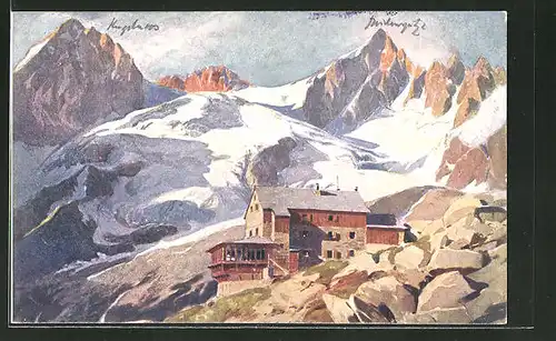 Künstler-AK Edo v. Handel-Mazzetti: Plauener Hütte, Berghütte gegen Kuchelmoosspitze und Reichenspitze