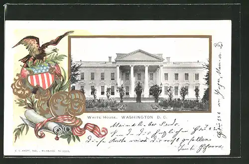 Präge-Passepartout-Lithographie Washington D.C., Teilansicht vom White House mit Wappen