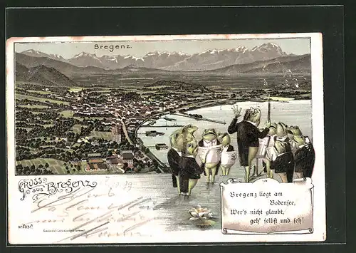 Lithographie Bregenz, Ortsansicht mit einem Chor aus Fröschen