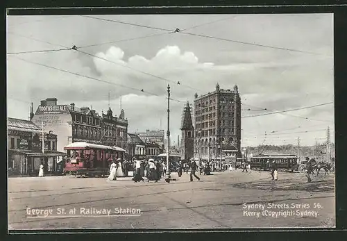 AK Sydney, George Street at Railway Station, Strassenbahn