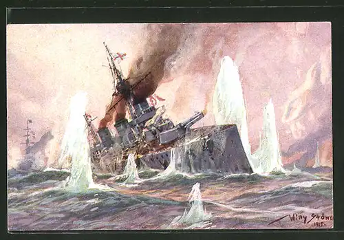 Künstler-AK Willy Stoewer: Seegefecht in der Nordsee, englischer Schlachtkreuzer im Salvenfeuer deutscher Kreuzer