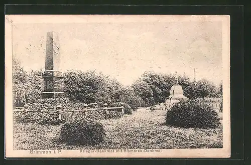 AK Grimmen i. P., Krieger-Denkmal mit Bismarck-Denkmal