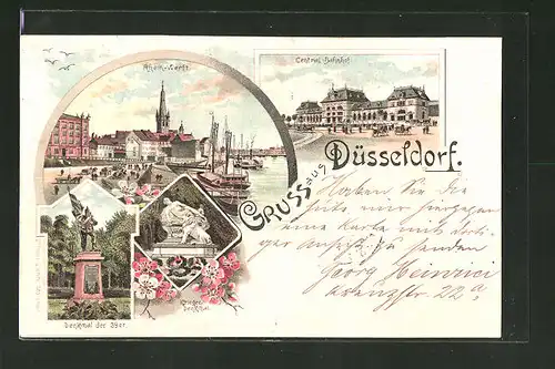 Lithographie Düsseldorf, Rhein-Werft, Central-Bahnhof, Denkmal der 39er, Krieger-Denkmal