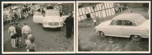 2 Fotografien Auto Borgward, PKW bei einer Hochzeitsfeier