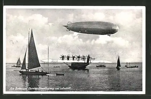 AK Dornier Grossflugzeug auf dem Bodensee und Zeppelin