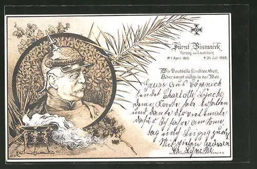 Lithographie Fürst Otto von Bismarck mit Pickelhaube, "Wir Deutschen fürchten Gott, aber sonst nichts in der Welt"