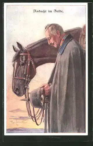 Künstler-AK Anton Pieck: "Andacht im Felde", Kaiser Wilhelm II. mit Pickelhaube und Pferd