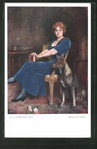 Künstler-AK sign.A. v. Ferraris: "Mädchen-Portrait", Mädchen auf einem Stuhl mit Hund an der Seite
