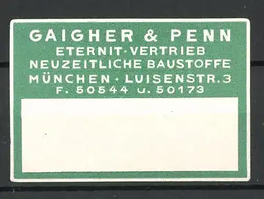 Reklamemarke München, Eternit-Vertrieb Gaigher & Penn