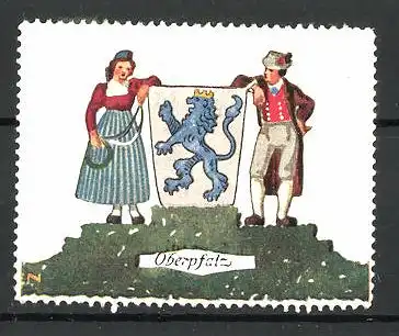 Reklamemarke Oberpfalz, Mann und Frau in Tracht mit Wappen