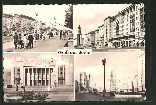 AK Berlin, Hochhäuser am Strausberger Platz, Gaststätte "Frankfurter Tor" in der Stalinallee, Deutsche Sporthalle